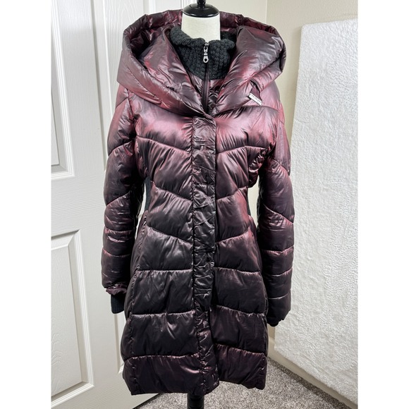 Preston & York Women's M Puffer Coat Metallic Burgundy Purple Hooded Longline - Picture 1 of 12